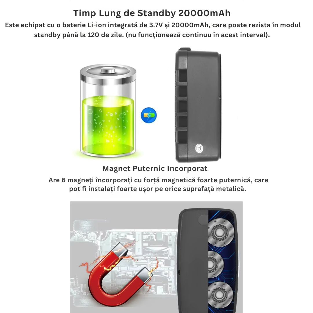 GPS Tracker Auto 4G, Baterie 20000mAh, Magnet Puternic, IP67, Urmărire în Timp Real, standby 120 zile