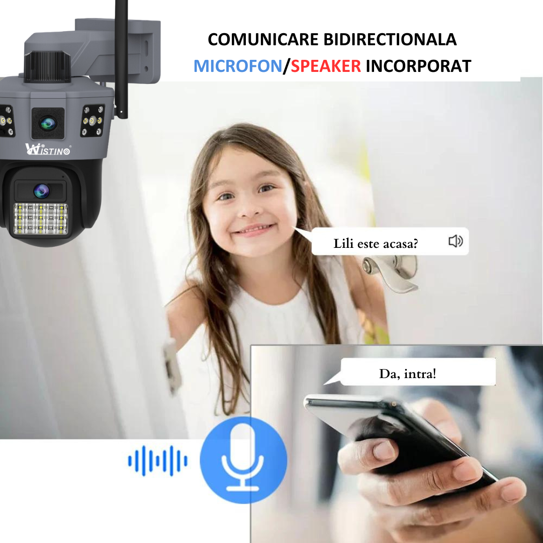 Camera de supraveghere WiFi 6K, 2 lentile, Control din aplicatie, Urmarire automata, Rezistenta la apa IP66