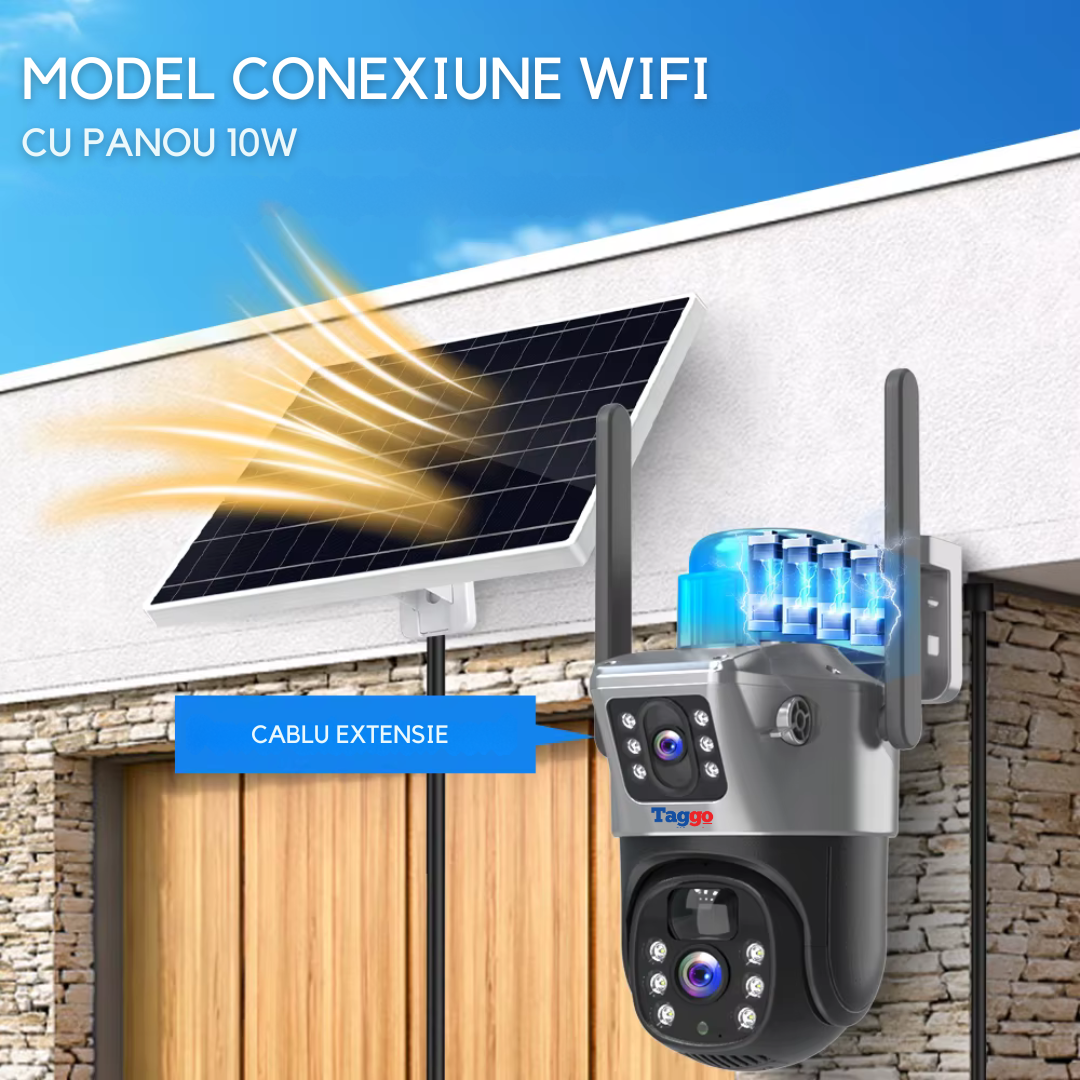 Camera Supraveghere WIFI 4K Ultra HD, Dual Camera 8MP, Incarcare Solara, Rotire Din Aplicatie, Rezistenta La Apa IP 66, Card de 64 GB