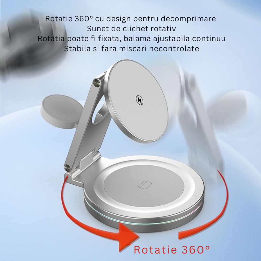 15W 3-in-1 Statie Incarcare Wireless Magnetica Pliabila – Telefon, Ceas, Casti, Fast Charging PD/QC3.0