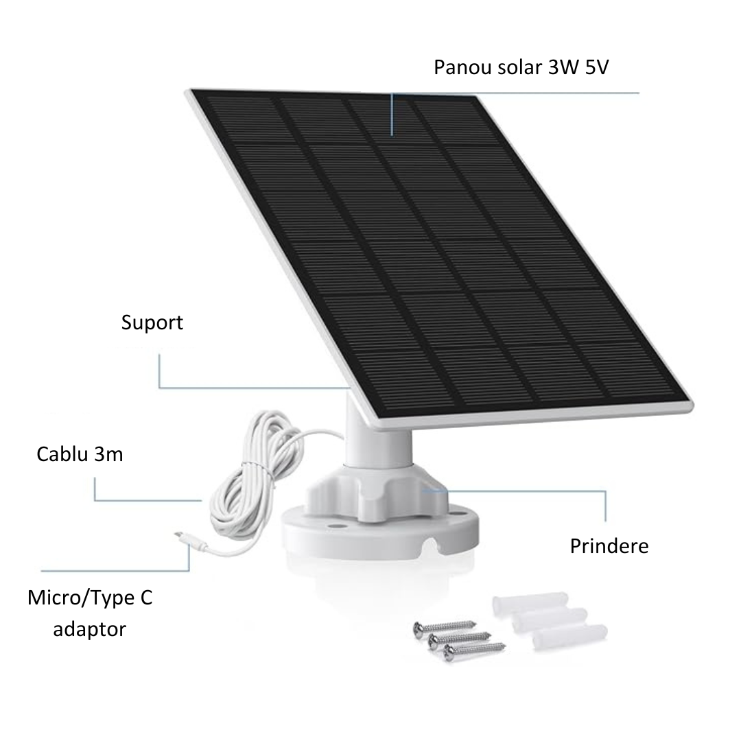 Panou solar pentru camere IP cu alimentare la 5V DC, 3W, 121 x 174mm, cablu 3m Type C IP65 - Taggo.ro