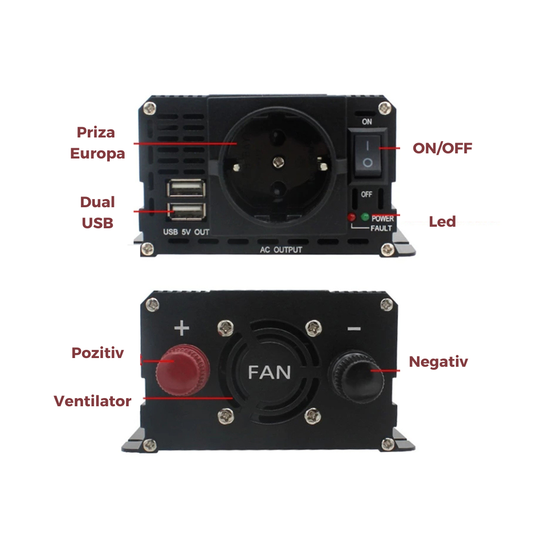 Invertor 12v 220v 2000w Unda Modificata cu Display, 1 Iesire AC Protectie Scurtcircuit 2 USB, Adaptor Auto Inclus