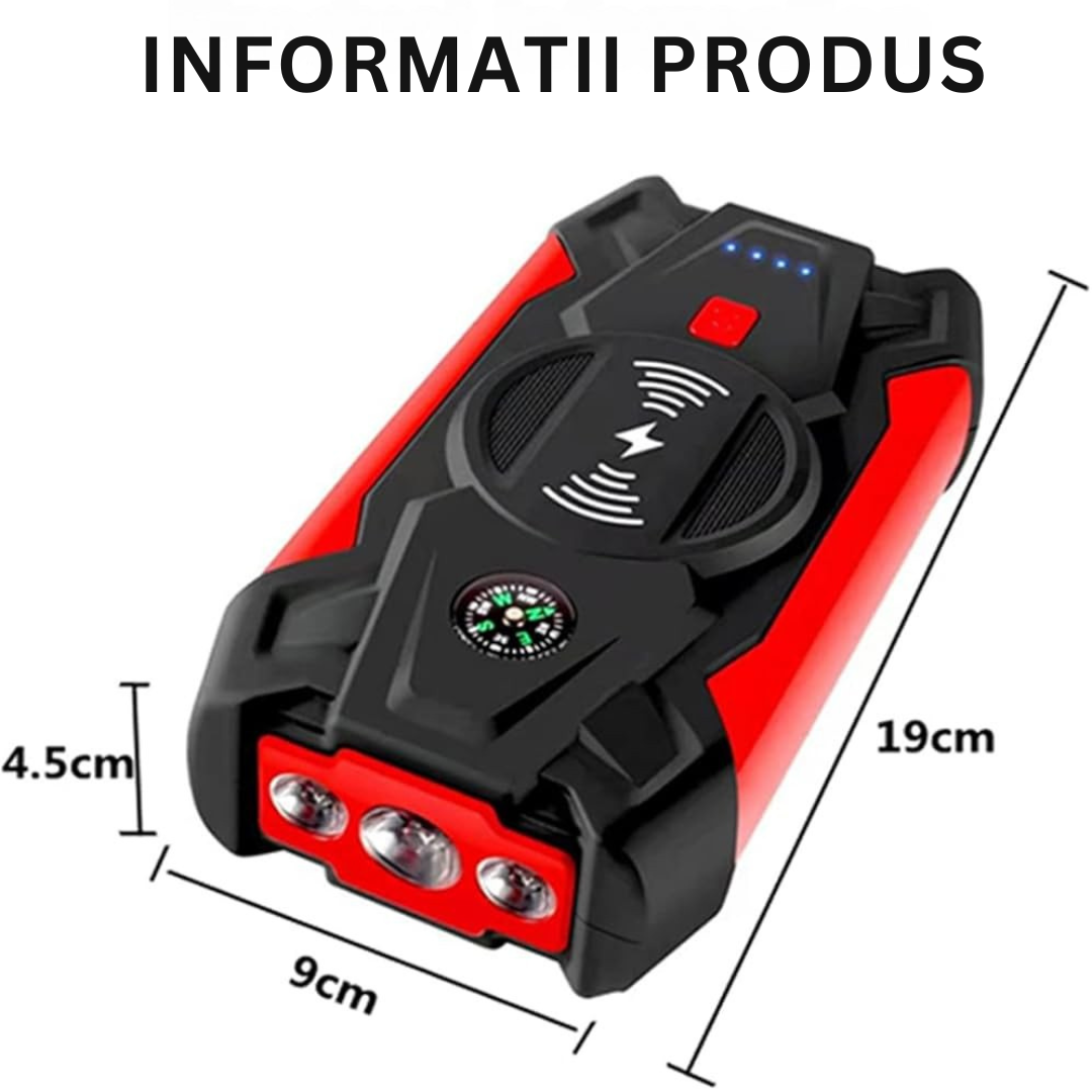 Starter auto pentru motor benzina/diesel, multifunctional, 16000mAh, 12V, 2 iesiri USB, lumini de urgenta, busola, 17X9.5X4cm