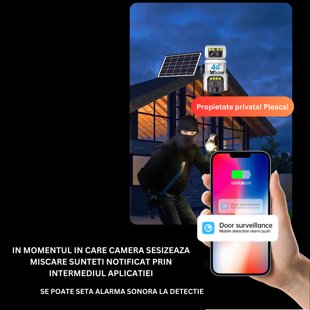 Camera Supraveghere 4G 4K Ultra HD, 24 ore online, Dual Camera 360, Incarcare Solara, Rotire Din Aplicatie, Rezistenta La Apa IP 66, Card Memorie 64GB