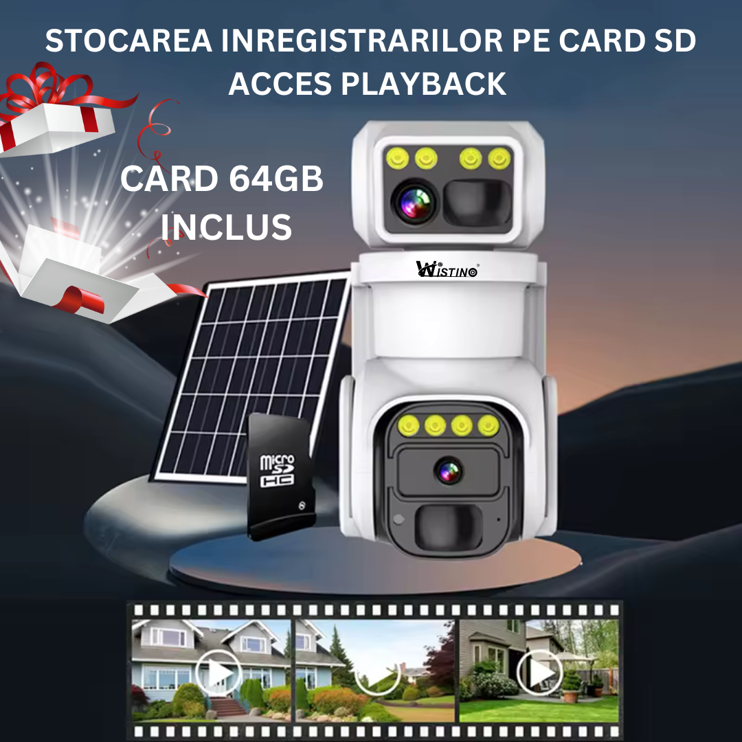 Camera Supraveghere 4G 4K Ultra HD, 24 ore online, Dual Camera 360, Incarcare Solara, Rotire Din Aplicatie, Rezistenta La Apa IP 66, Card Memorie 64GB