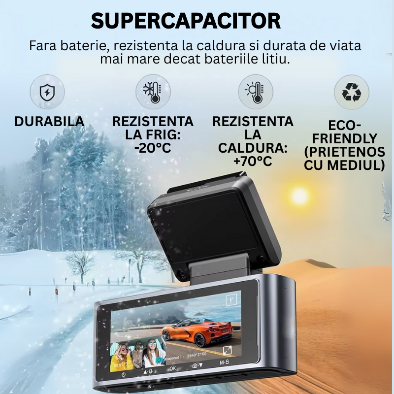 Camera Auto Dubla- Fata si Interior 4K, Cartela SIM 4G, Functionare 24/24, Viziune Nocturna, Comunicare Bidirectionala, GPS - Taggo.ro