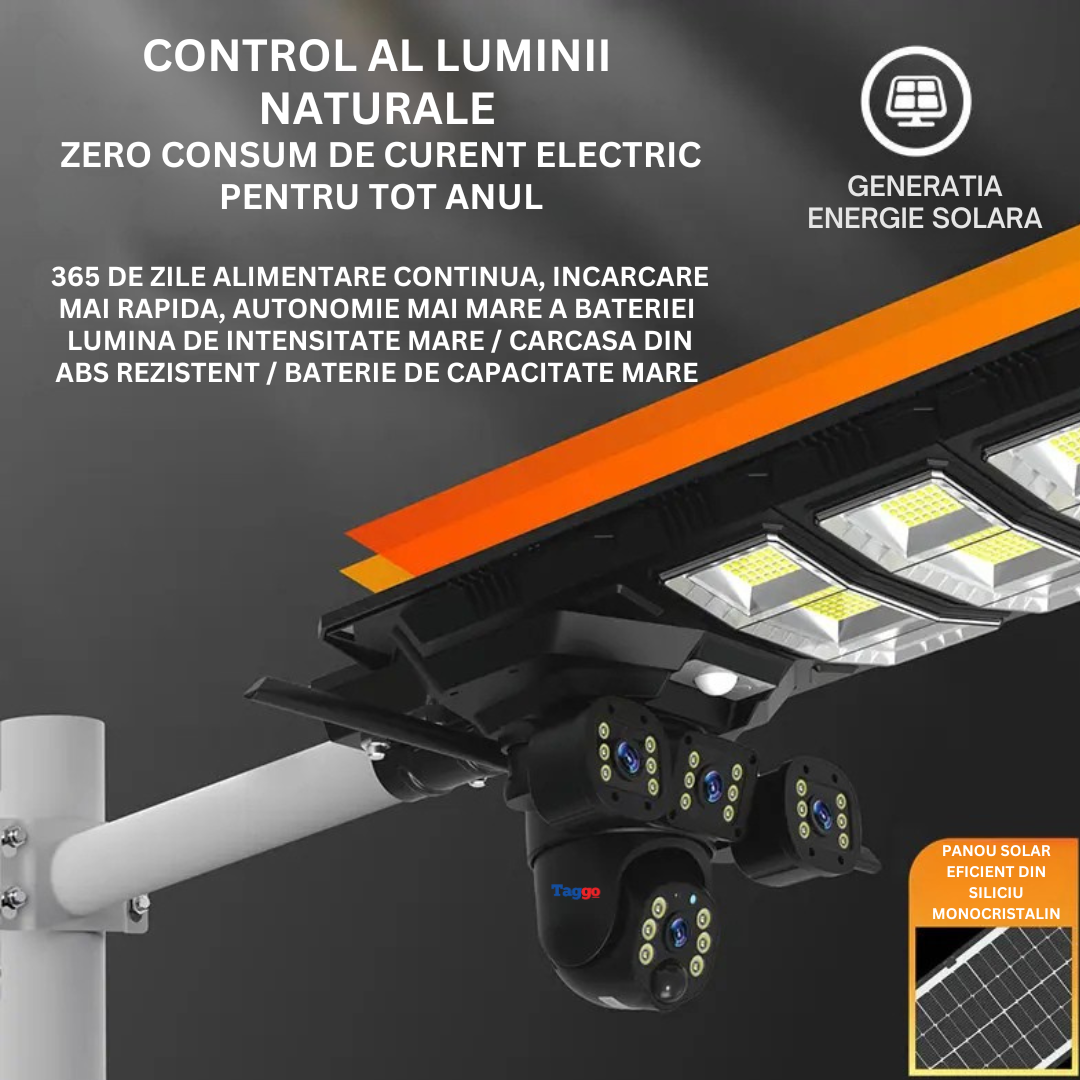 Lampa stradala cu camera 4G si incarcare solara, 9MP, 20000mAh, Taggo Pro, viziune nocturna, IP66