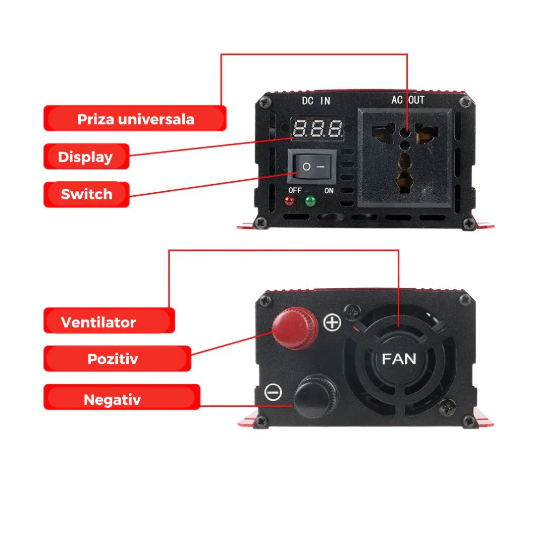 Invertor 1000W 12V – 220 V auto si panouri solare SINUS PUR, unda pura rulota, casa, cabana