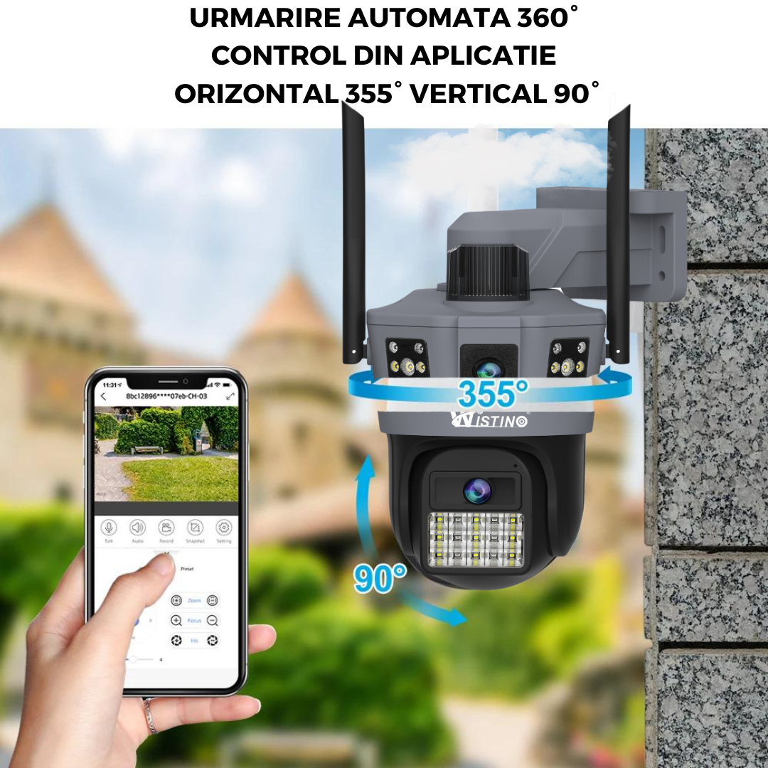 Camera de supraveghere WiFi 6K, 2 lentile, Control din aplicatie, Urmarire automata, Rezistenta la apa IP66
