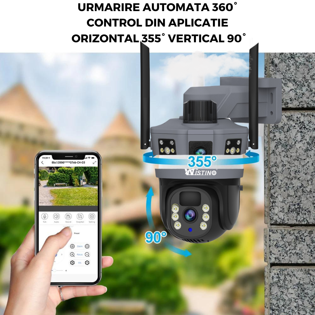 Camera Supraveghere WIFI 6K Ultra HD, Dual Camera 12MP, Incarcare Solara, Rotire Din Aplicatie, Rezistenta La Apa IP 66