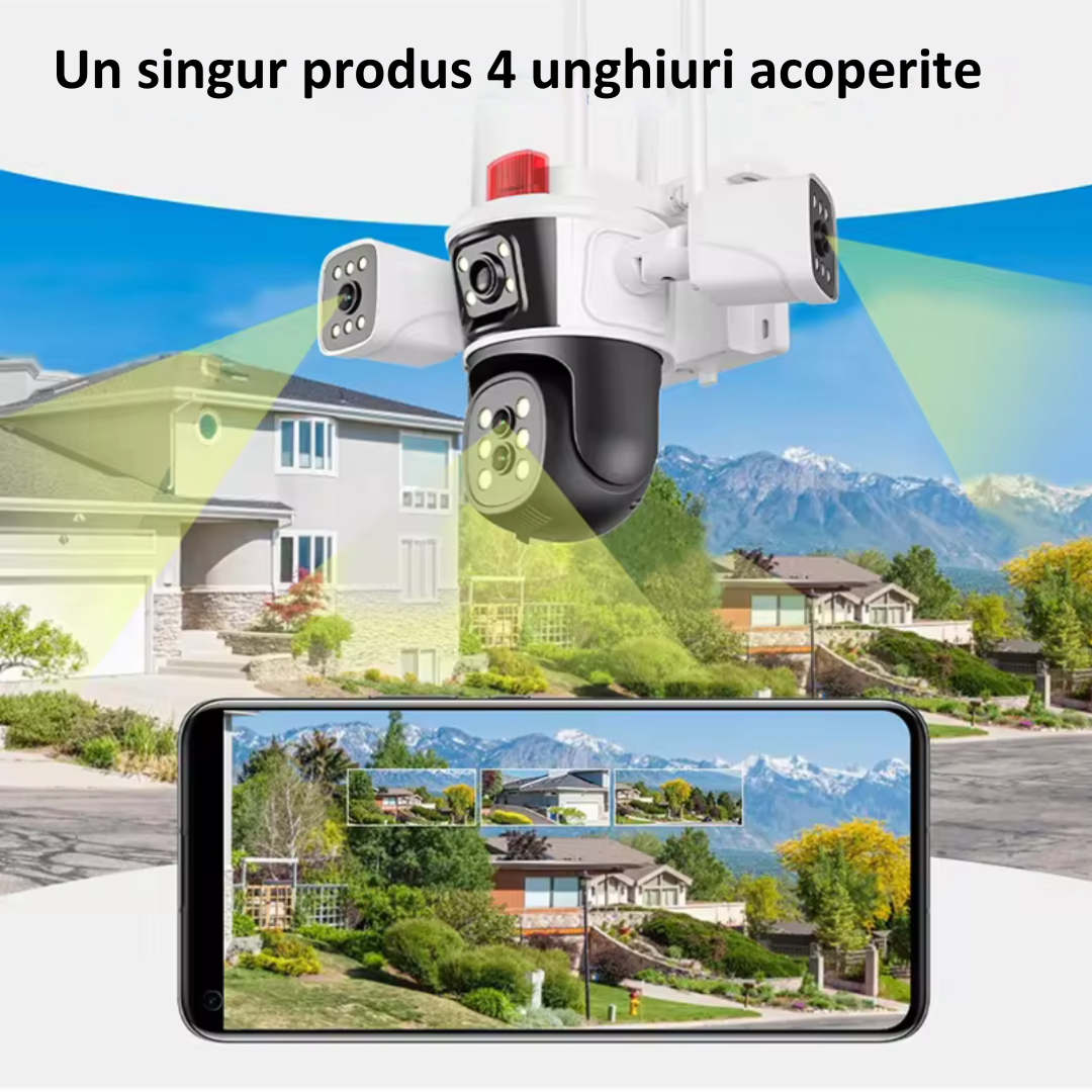 Camera de supraveghere WIFI 8K, 16MP, Zoom 10X, 4 lentile, Control din aplicatie, Comunicare bidirectionala, Urmarire automata, Multi lens - Taggo.ro