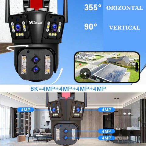 Camera de supraveghere Zoom 10X, WIFI 8K, 16MP, 4 lentile, Control din aplicatie, Comunicare bidirectionala, Urmarire automata, Card 128GB - Taggo.ro