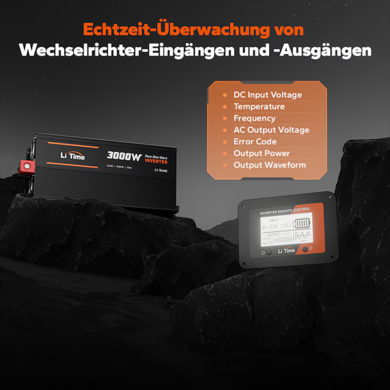 Invertor LiTime 3000W (6000W varf) Sinus Pur, 12V la 230V – Auto, Solar, Camping, protectie completa, telecomanda, 2 prize AC, 18A