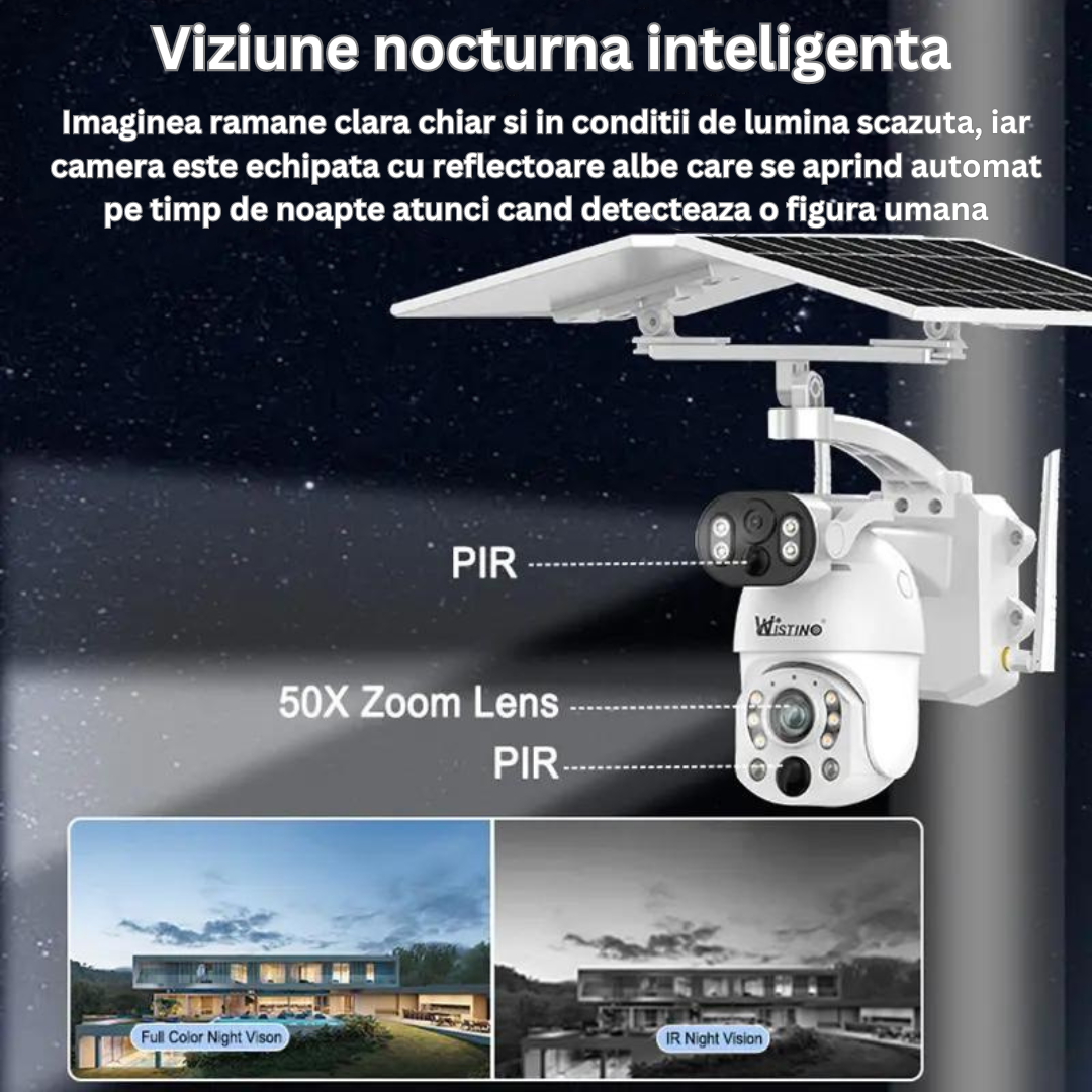 Camera Supraveghere 4G 4K Ultra HD 50X Optical ZOOM, Dual lens, Incarcare Solara Panou, Rotire Din Aplicatie, Rezistenta La Apa IP 66, Card Memorie 128 GB - Taggo.ro