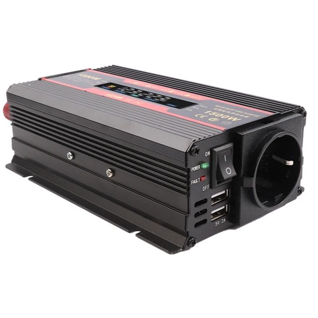 Invertor 12v 220v 1500w Unda Modificata cu Display, 1 Iesire AC Protectie Scurtcircuit 2 USB, Adaptor Auto Inclus