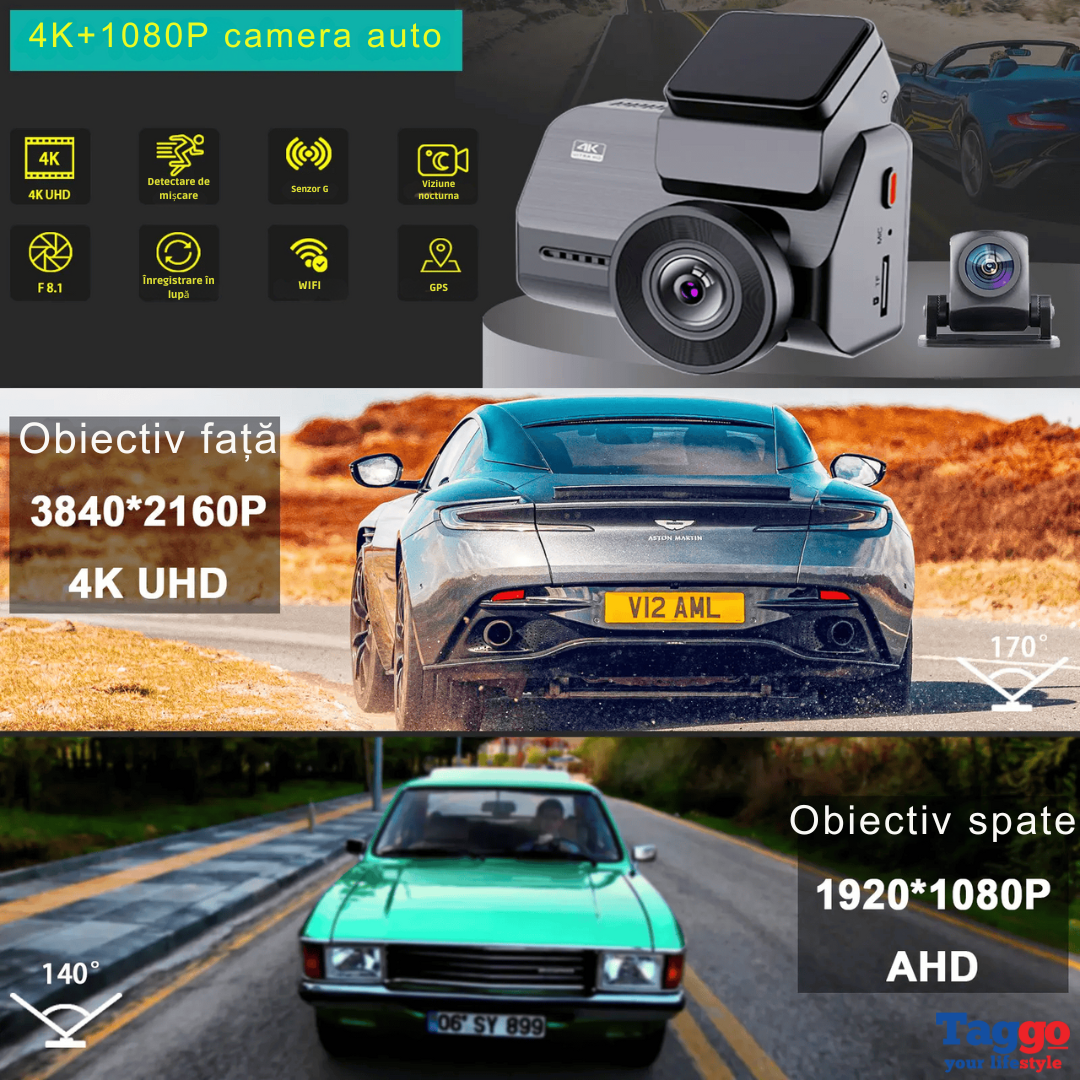 Camera Auto 4K UHD + camera spate 1080P, GPS, WIFI 5G, Viziune Nocturnă