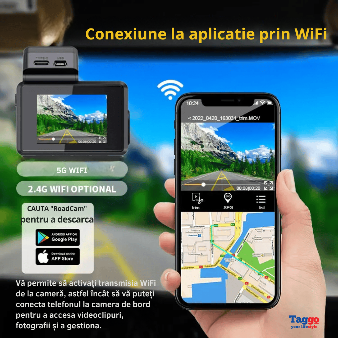 Camera Auto 4K UHD + camera spate 1080P, GPS, WIFI 5G, Viziune Nocturnă
