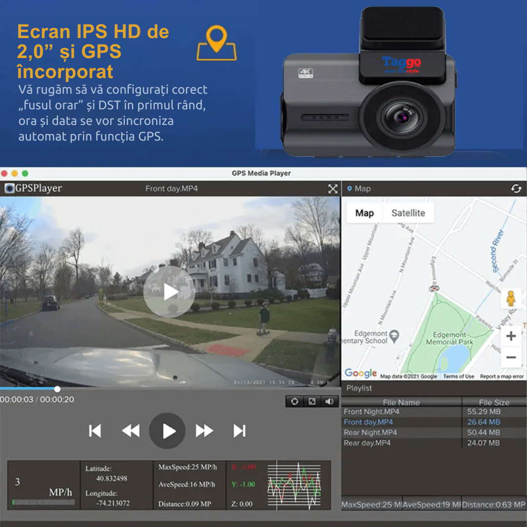 Camera Auto 4K UHD + camera spate 1080P, GPS, WIFI 5G, Viziune Nocturnă