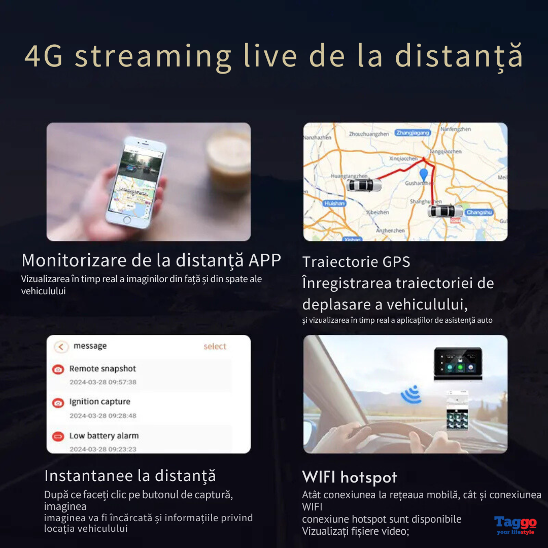 Camera auto DVR 2K, camera interior 720P, conexiune 4G cartela SIM și monitorizare parcare