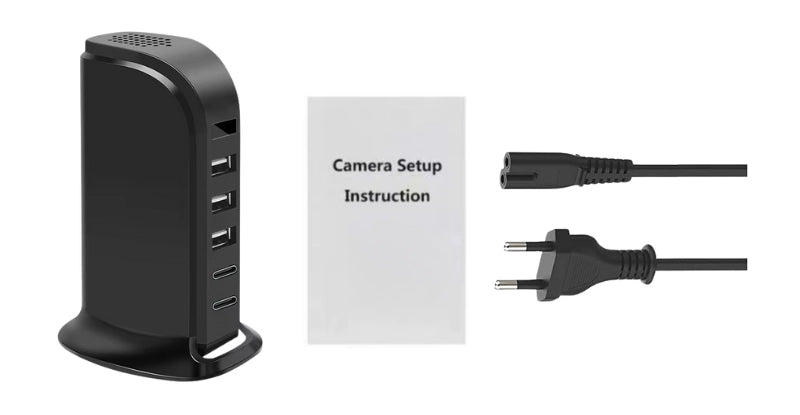 Camera spion in statie de incarcare, Wi-Fi, Full HD, senzor de miscare, 20W, 2x USB-C, 3x USB-A