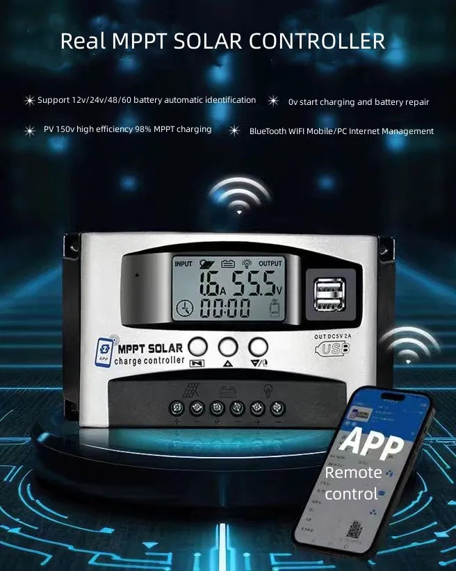 Controler de Încărcare Solară MPPT 12V-60V, Regulator 150VDC cu Ecran LED pentru Baterii Lifepo4, Litiu și Plumb-Acid, 40A cu WIFI