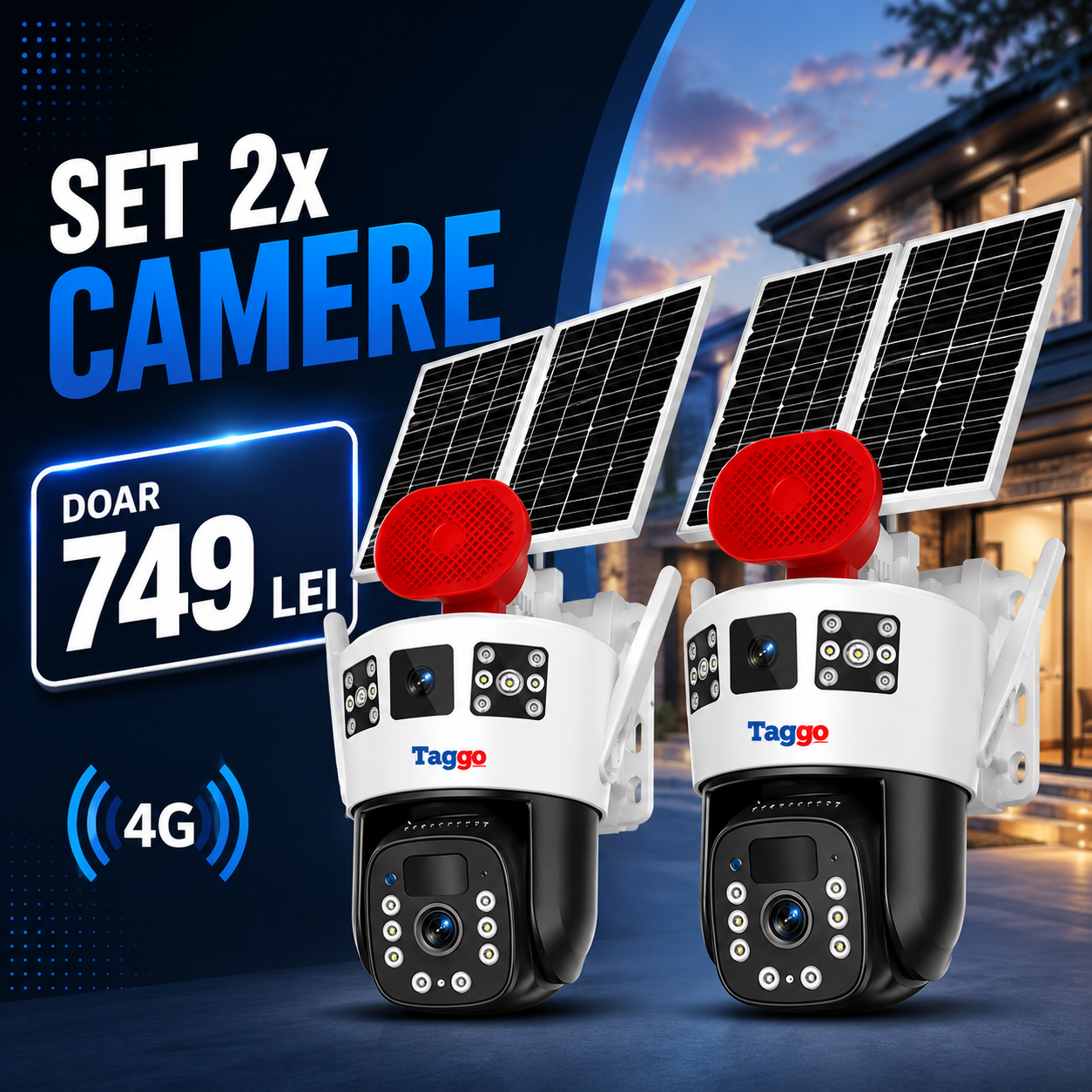 Pachet 2 camere de supraveghere 4G Cartela SIM 6K, 10MP, 3 ecrane, Urmarire automata, Control din aplicatie, Rezistenta la apa , Full Color