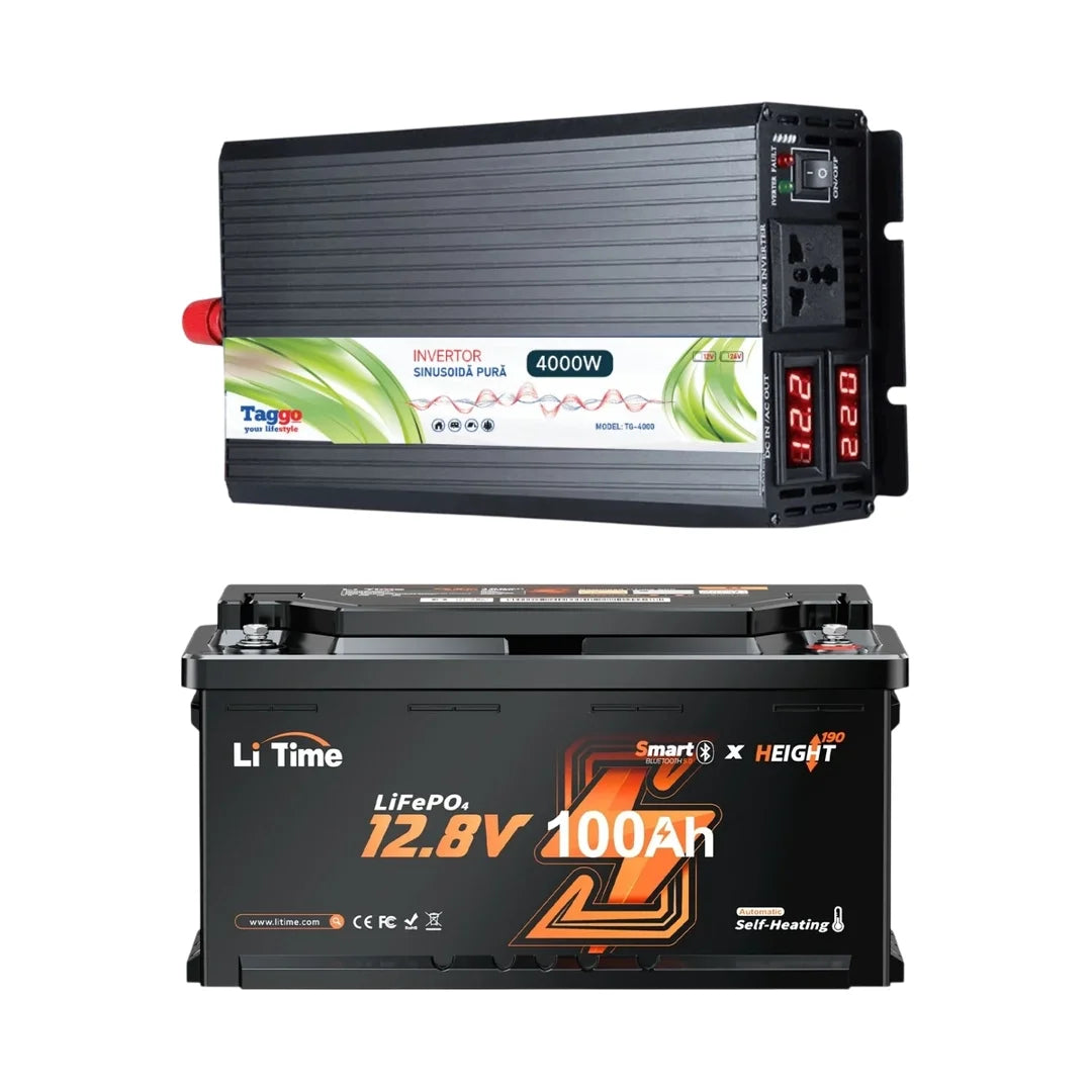 Pachet Invertor Sinus Pur 4000W 12V + Acumulator LiTime LiFePO4 100Ah, BMS 200A, Bluetooth, Incalzire
