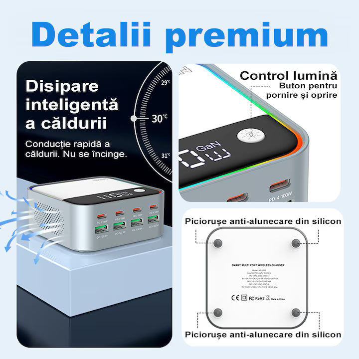 Statie de Incarcare Rapida 120W 8 in 1 cu 4 x PD3.0 USB-C, 4 x QC3.0 USB-A si RGB