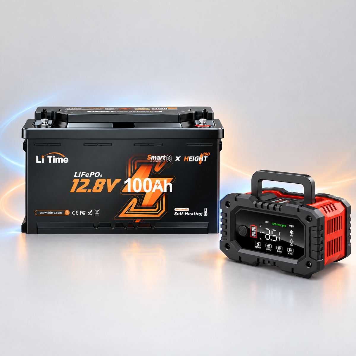 Kit LiTime 12V-100Ah BMS 200A Bluetooth cu Incalzire + Redresor FPT-100/200 LiFePO4 12V 20A