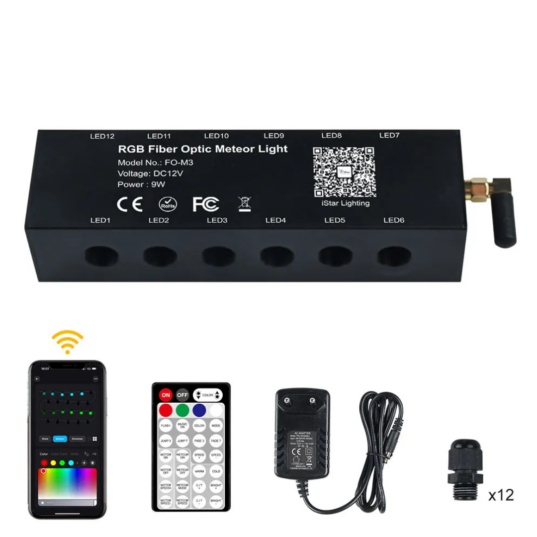 Kit Fibra Optica 9W efect stele cazatoare, meteorit, RGB, 12 canale cu 500 fire la 3M 0.75mm