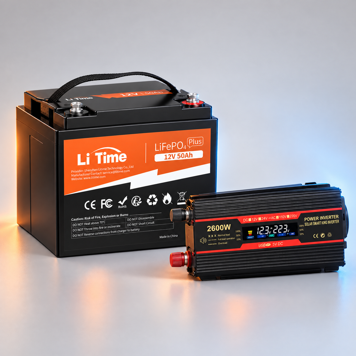 Kit LiTime 12V 50Ah LiFePO4 640Wh + Invertor 12V 220V 2600W pentru Camping si Backup