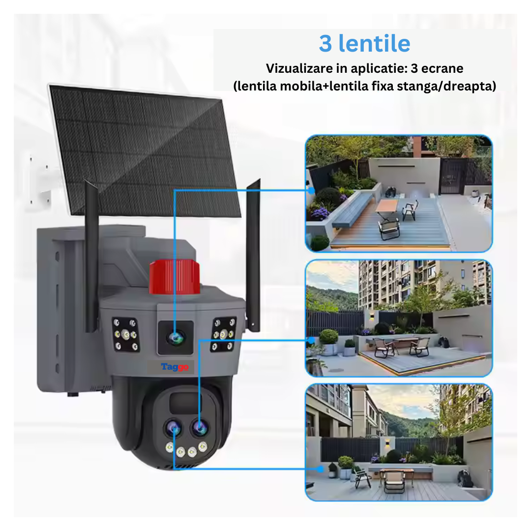 Camera de Supraveghere Solara 4G 12MP cu Trei Lentile, Zoom 10X, Rezistenta La Apa IP 66