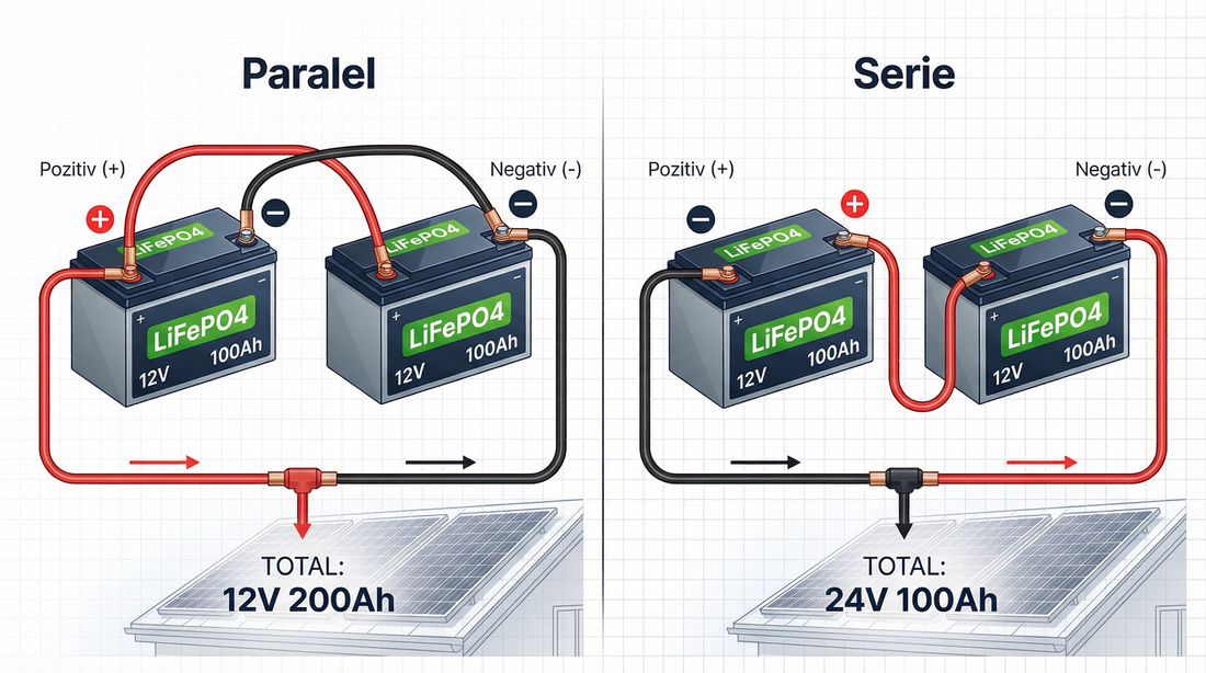 Conectarea Bateriilor LiFePO4: Serie sau Paralel? Ghid Complet pentru Sisteme 12V, 24V și Fotovoltaice
