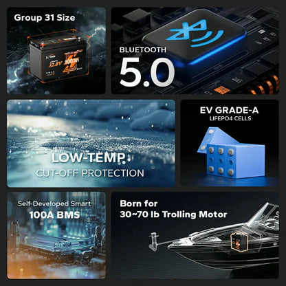 Baterie LiTime 12V 100Ah LiFePO4 pentru motor electric barca, Bluetooth, BMS 100A, 1280Wh, pentru Outboard si Trolling Motor