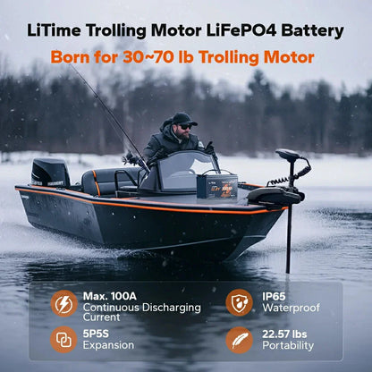 Baterie LiTime 12V 100Ah LiFePO4 pentru motor electric barca, Bluetooth, BMS 100A, 1280Wh, pentru Outboard si Trolling Motor