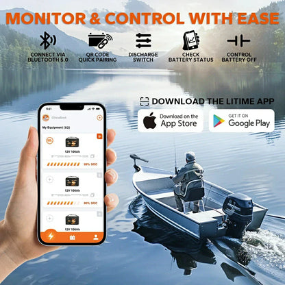Baterie LiTime 12V 100Ah LiFePO4 pentru motor electric barca, Bluetooth, BMS 100A, 1280Wh, pentru Outboard si Trolling Motor
