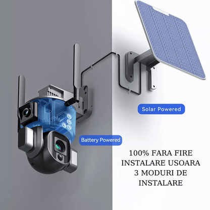 Camera supraveghere exterior wireless 4K Ultra HD WISTINO, duală, zoom 10x, rezistentă la apă IP66, control din aplicație, cu încărcare solară.