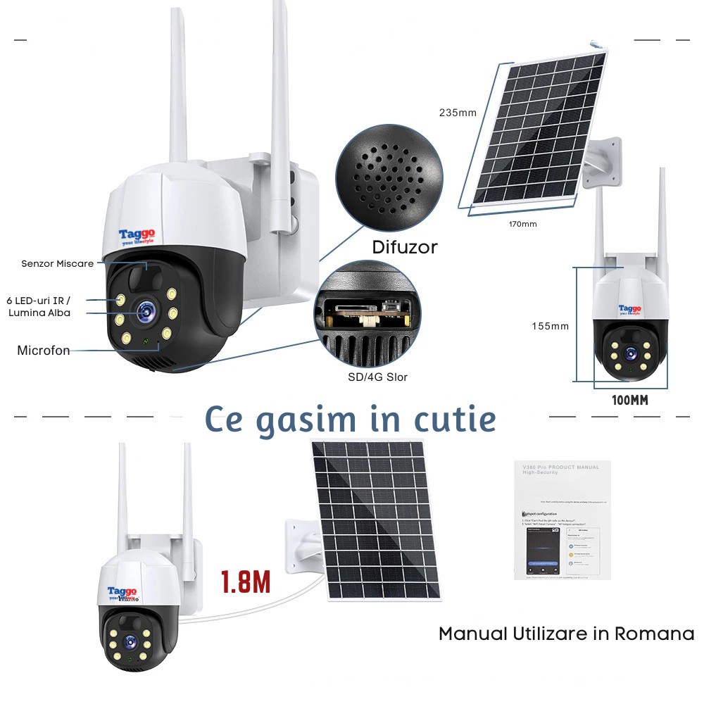 Camera de Supraveghere Solara Exterior 4G Cartela SIM 5 MP, Zoom 10X, Full HD, Panou Solar 10W Rezistenta La Apa IP 66 + Card 64GB
