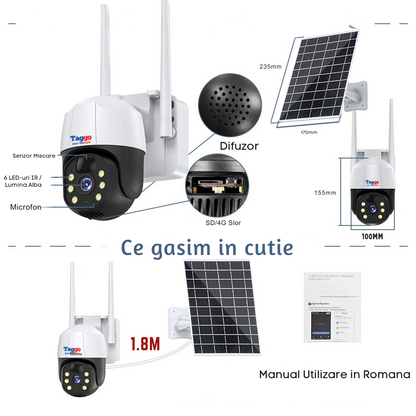 Camera de Supraveghere Solara Exterior 4G Cartela SIM 5 MP, Zoom 10X, Full HD, Panou Solar 10W Rezistenta La Apa IP 66 + Card 64GB