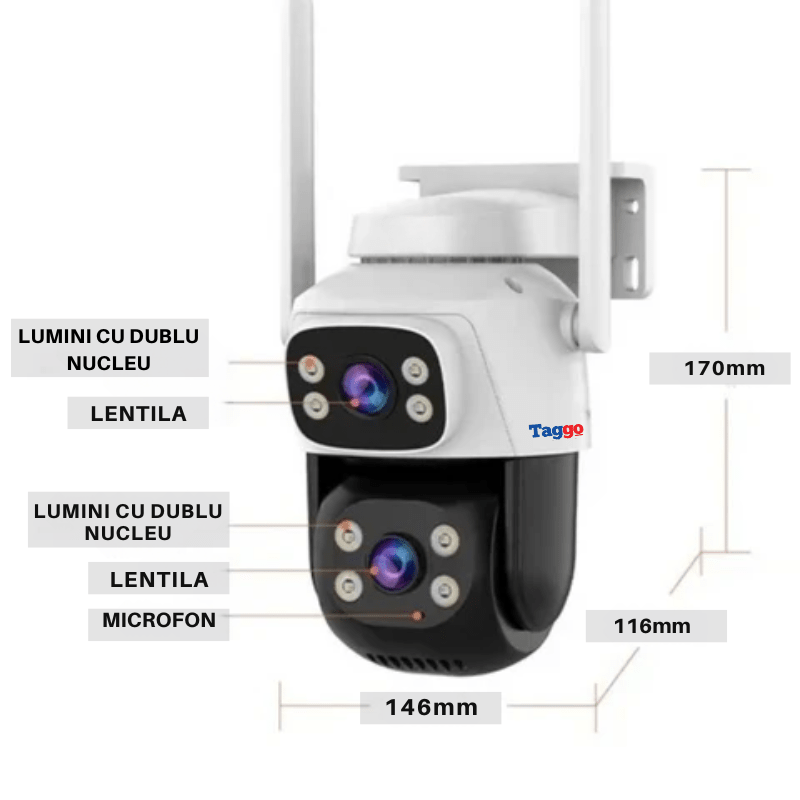Camera de Supraveghere WiFi, Doua Lentile HD 6 MP,  Vedere Nocturna, IP66,  Audio Bidirectional, Detectie Miscare