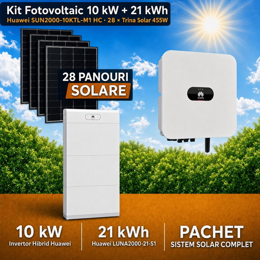 Sistem Fotovoltaic Complet 10 kW cu 28 Panouri Trina Solar 455W + Invertor Hibrid Huawei 10 kW Trifazat + Stocare LiFePO4 21 kWh