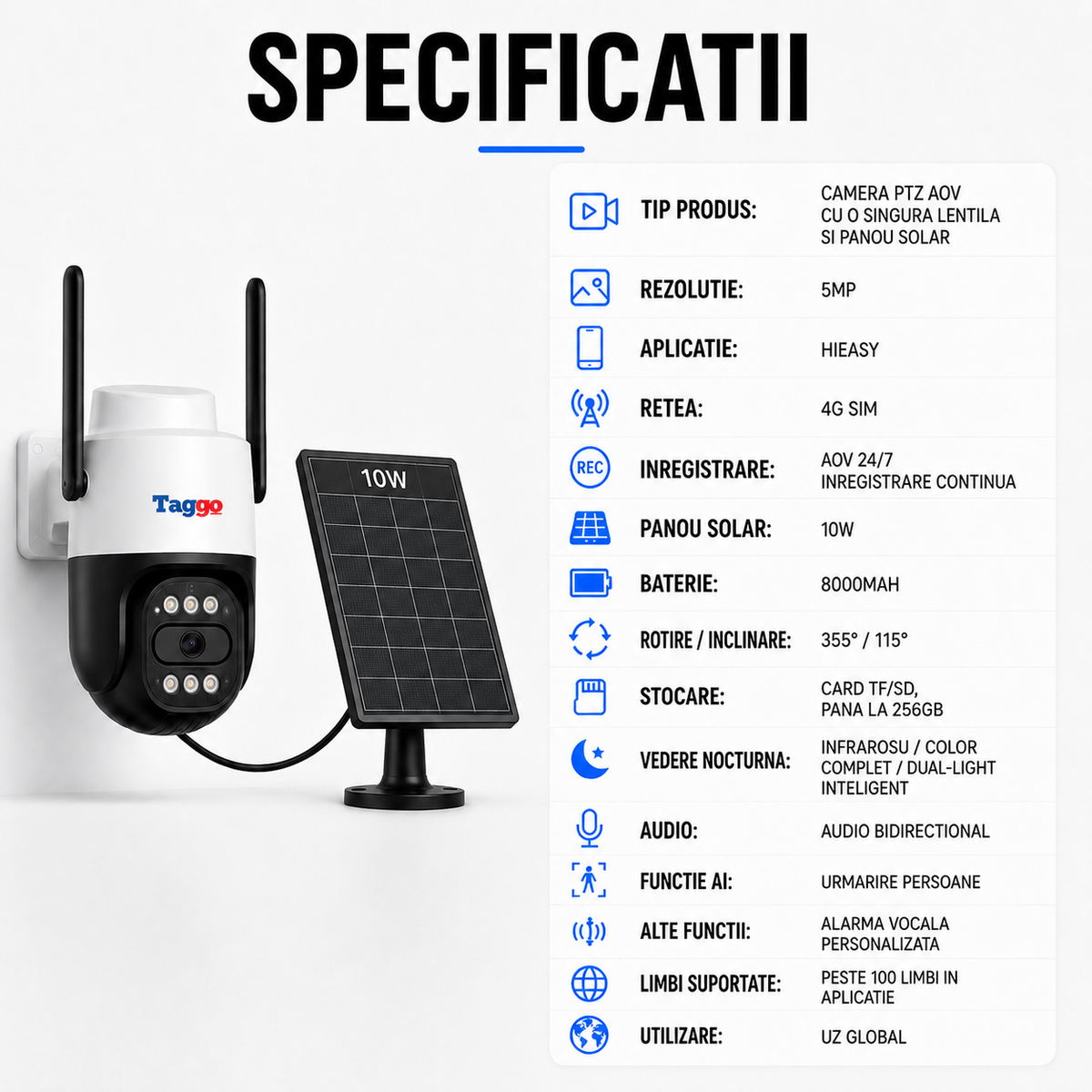 Cameră Supraveghere 4G AOV PTZ 5MP Solară | Hieasy