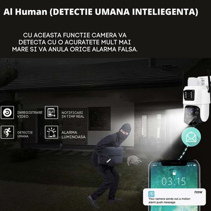Camera de supraveghere 4G Cartela SIM 4K, 100X, 2 lentile, Control din aplicatie, Detectie umana, Rezistenta la apa IP66