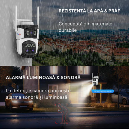 Camera Supraveghere 4G, 9MP, 3 Lentile, Zoom 10x, Rezistenta la apa, Acoperire vizuala  360°