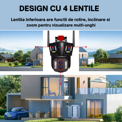 Camera de supraveghere Zoom 10X, WIFI 8K, 16MP, 4 lentile, Control din aplicatie, Comunicare bidirectionala, Urmarire automata, Card 128GB