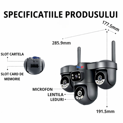 Camera de supraveghere 4G cu dublu panou solar, 12MP, 4 lentile, functie AOV, comunicare bidirectionala, detectie umana AI