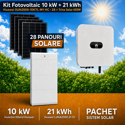 Sistem Fotovoltaic 10 kW cu 28 Panouri Trina Solar 455W + Invertor Hibrid Huawei 10 kW Trifazat + Stocare LiFePO4 21 kWh