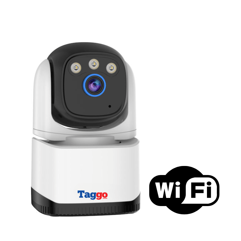 Camera supraveghere interior Taggo cu conexiune WiFi, rezoluție 4MP, detectare persoane și vedere nocturnă.