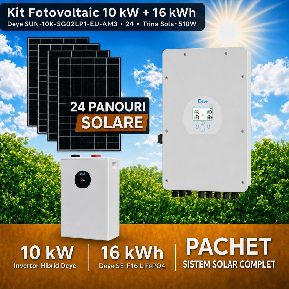 Sistem Fotovoltaic Complet 10 kW cu 24 Panouri Trina Solar 510W + Invertor Hibrid Deye 10 kW Monofazat LV + Stocare LiFePO4 16 kWh