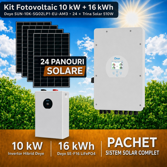 Sistem Fotovoltaic Complet 10 kW cu 24 Panouri Trina Solar 510W + Invertor Hibrid Deye 10 kW Monofazat LV + Stocare LiFePO4 16 kWh